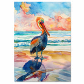 Vibrant Pelican Watercolor Painting with Colorful Ocean Waves and Sunset Reflection Scene on Ready to Hang 1.5" Thick Canvas Wrap, Floating Framed Canvas, Flat Rolled Canvas